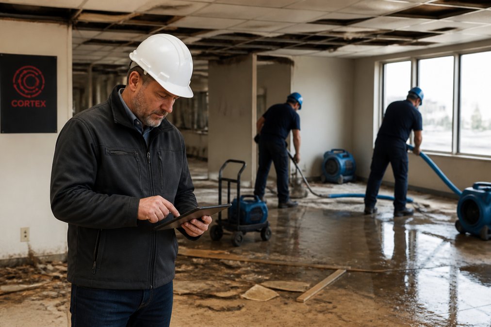 Restoration manager using a tablet to coordinate field workflow at a commercial site while comparing Restorator Pro vs Albi