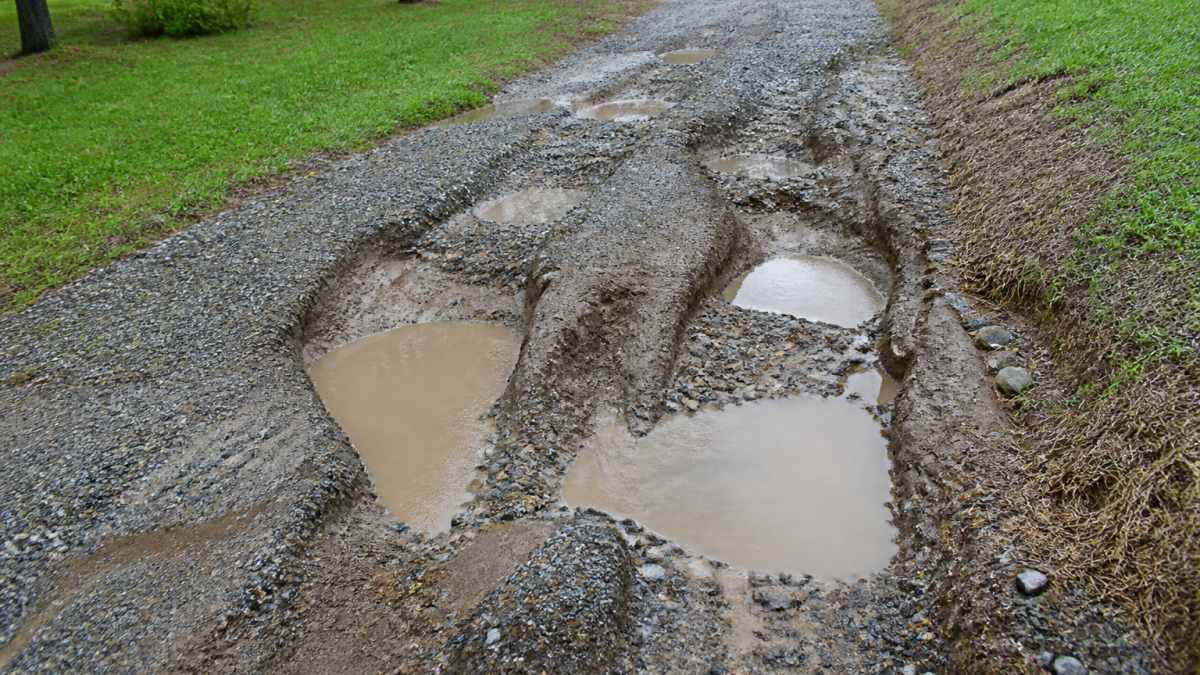 Gravel driveway showing visible erosion, deep ruts, and washout damage after heavy rain with water pooling in low areas, photographed in daylight