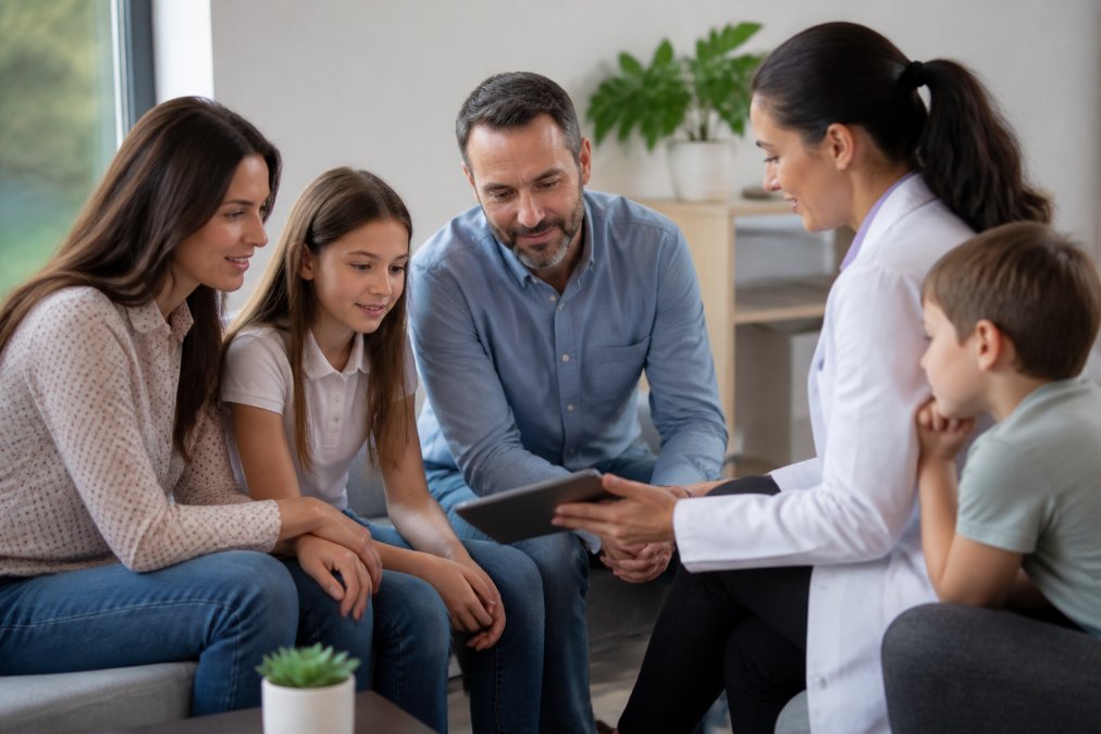 Diverse family of four sitting together in a bright, welcoming clinic space, reviewing health information on a tablet with a healthcare provider in professional attire