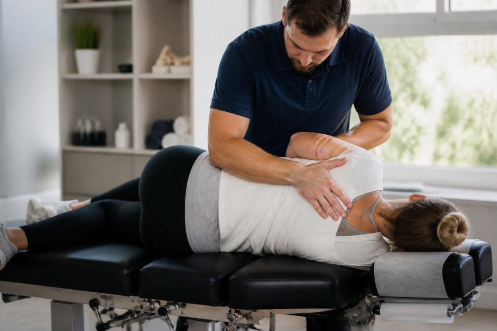 Chiropractor performing a gentle adjustment on a patient in a calm, professional treatment room with soft lighting and modern equipment