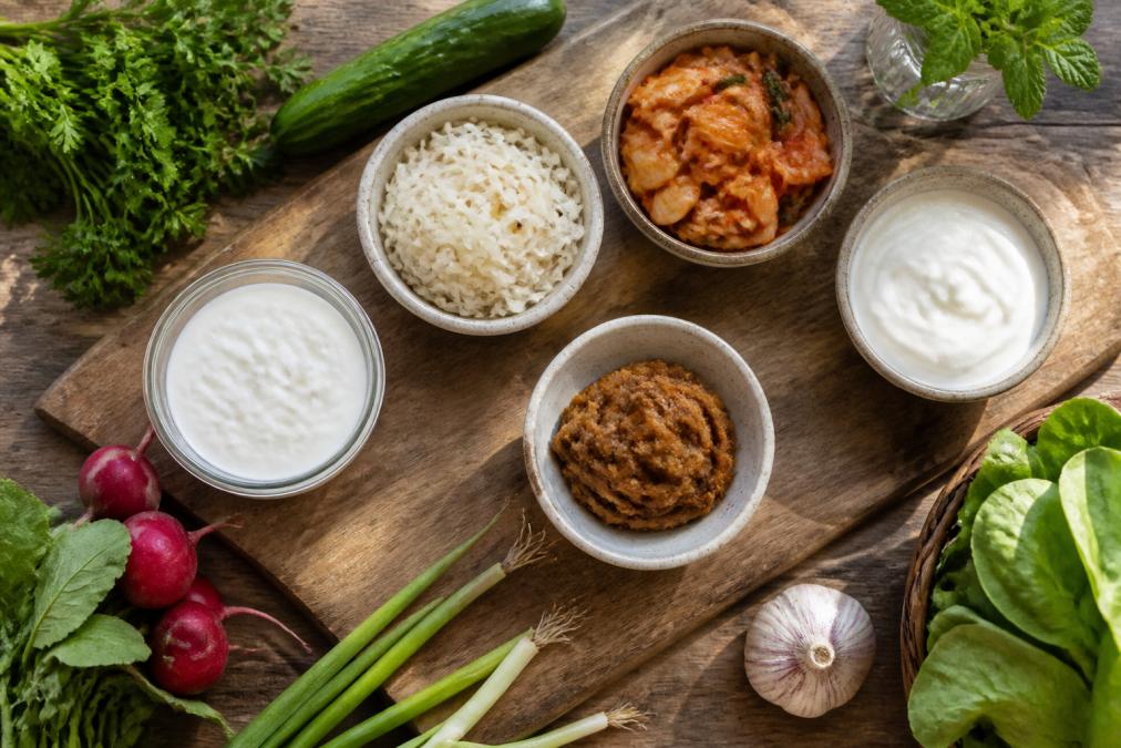 Overhead view of a wooden board displaying small bowls of kefir, plain yogurt, sauerkraut, kimchi, and miso paste alongside fresh vegetables and herbs in natural morning light