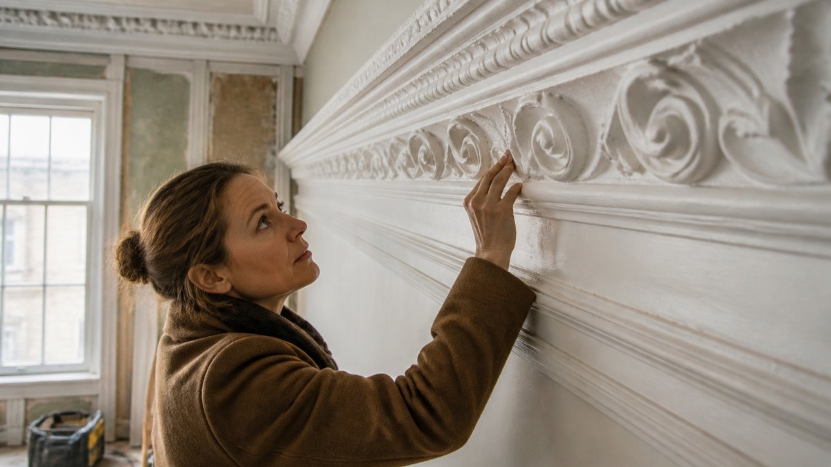 Homeowner closely examining original timber cornicing and period moulding details in a sunlit period room, running fingers along carved architectural features