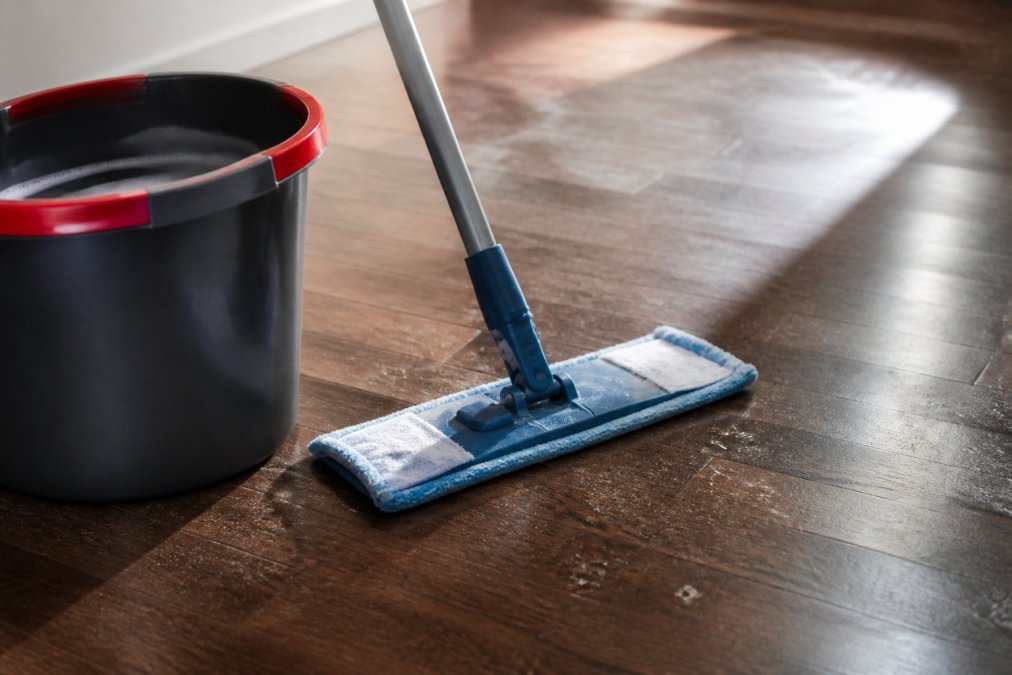 Close-up of a microfiber mop with cleaning solution in a bucket positioned on a dull hardwood floor with visible dust particles in natural light, showing the texture of the wood surface