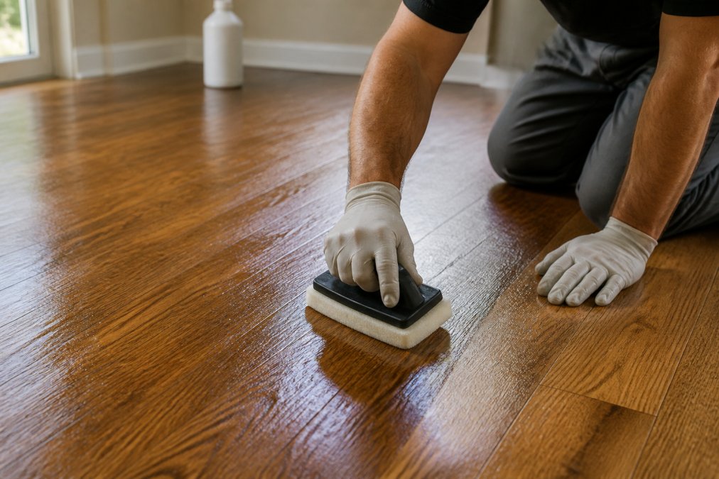 Hands applying hardwood floor polish with an applicator pad in smooth, overlapping strokes across a wooden floor surface, showing proper technique and grain direction
