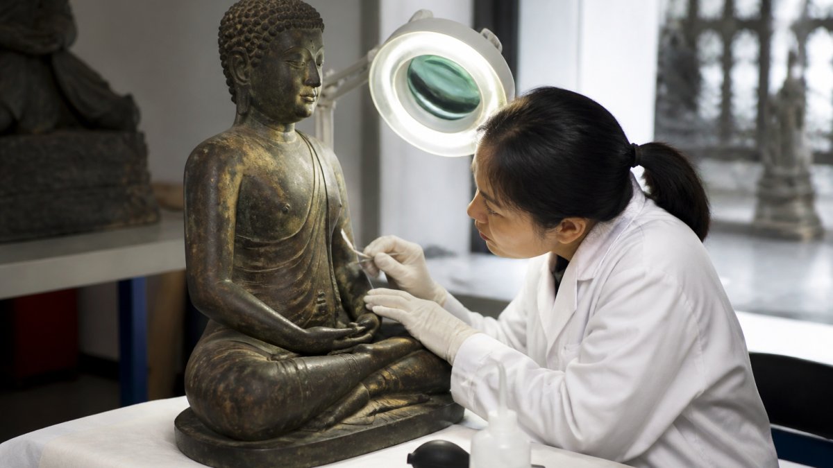 Las manos enguantadas de un conservador examinan suavemente una estatua de bronce de Buda bajo una lámpara de aumento en un estudio bien iluminado, con herramientas como un cepillo suave y una botella de agua destilada cerca.