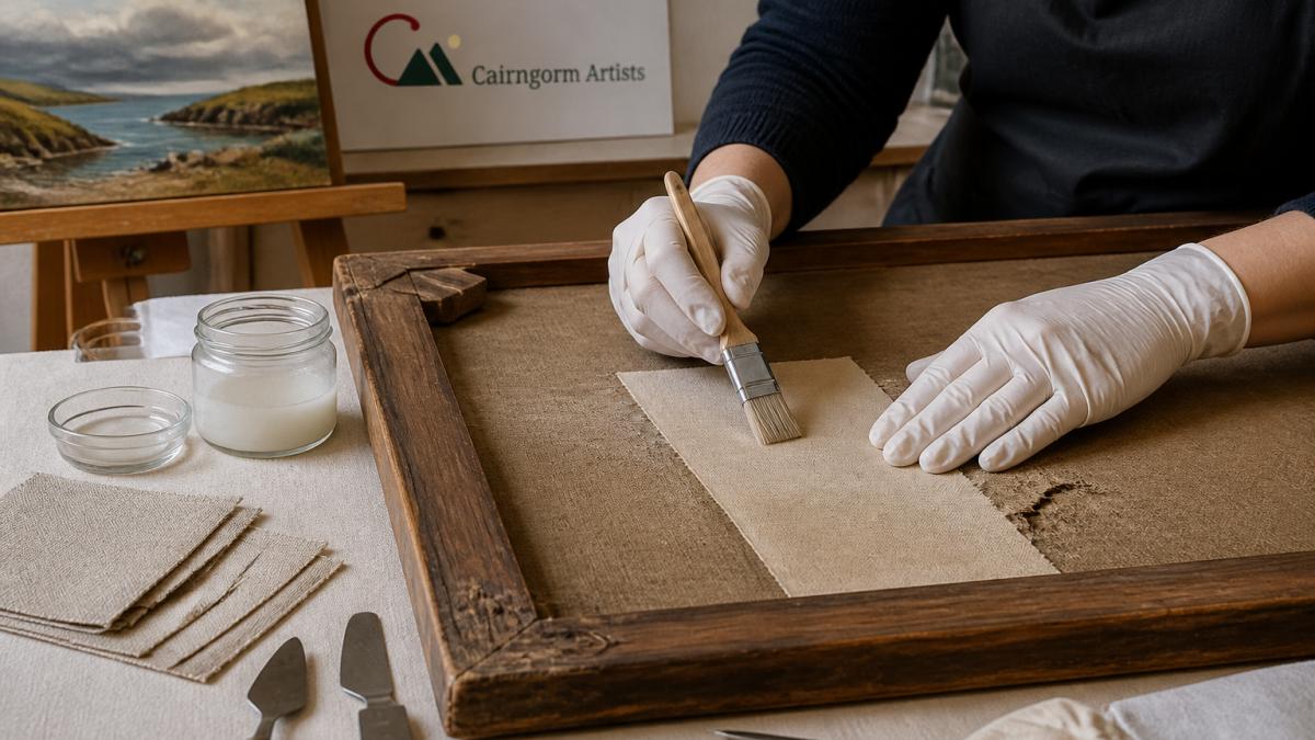 Professional conservator's hands carefully applying adhesive to canvas patch material on the reverse side of a torn painting, demonstrating proper pressure and technique with natural studio lighting