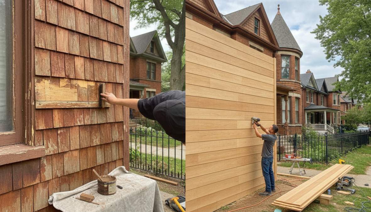 A painting professional reviewing a detailed project proposal on a clipboard while standing in front of a beautifully restored heritage home exterior with cedar siding on a tree-lined Toronto neighbourhood street in warm afternoon light