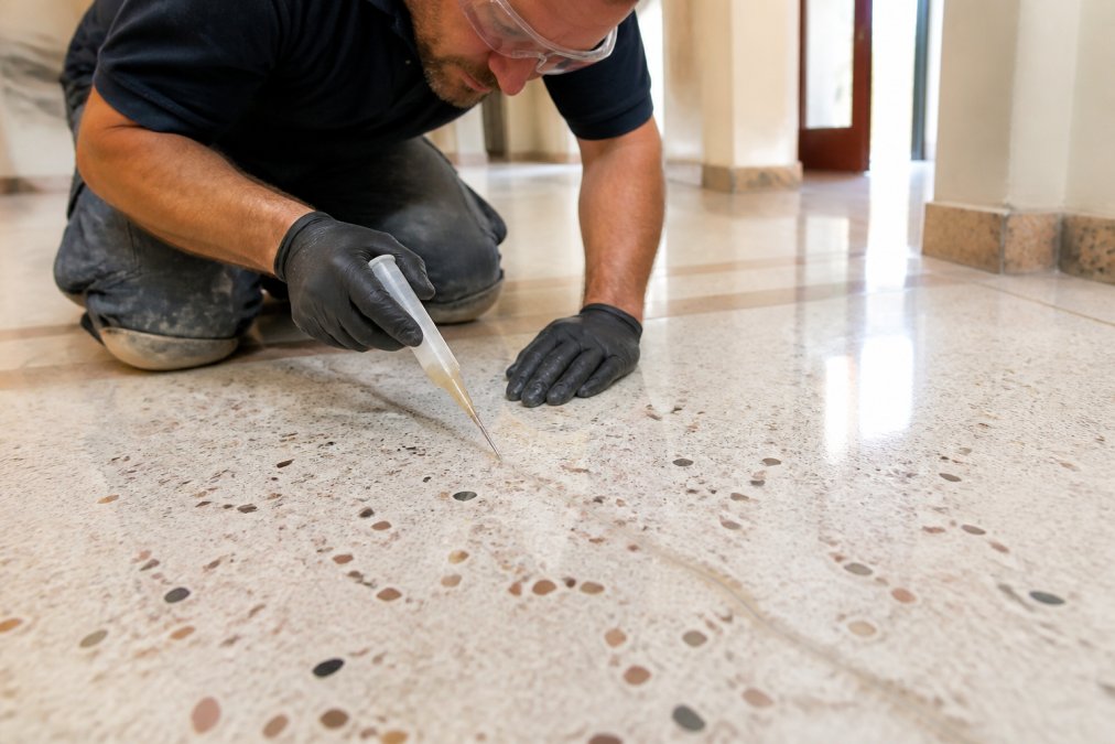 Professional technician examining and repairing hairline cracks in historic commercial terrazzo flooring with epoxy resin applicator, hands working closely on damaged surface in bright workshop lighting