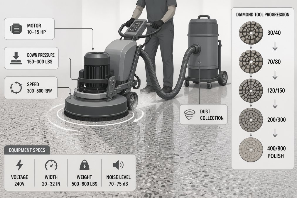 Industrial diamond grinding machine with rotating head actively polishing commercial terrazzo floor surface, showing the grinding equipment in operation with visible dust collection system and professional setup