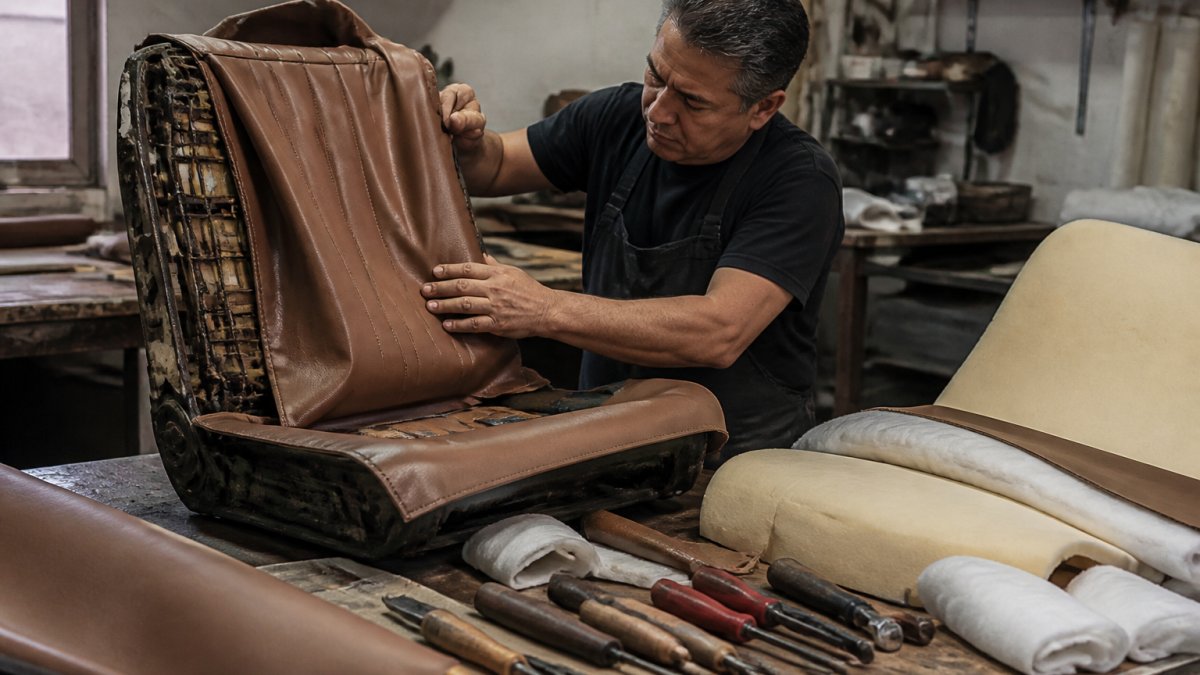 A craftsman in a workshop carefully fitting new leather upholstery over a stripped vintage car seat frame, with hand tools and foam padding visible on a workbench nearby