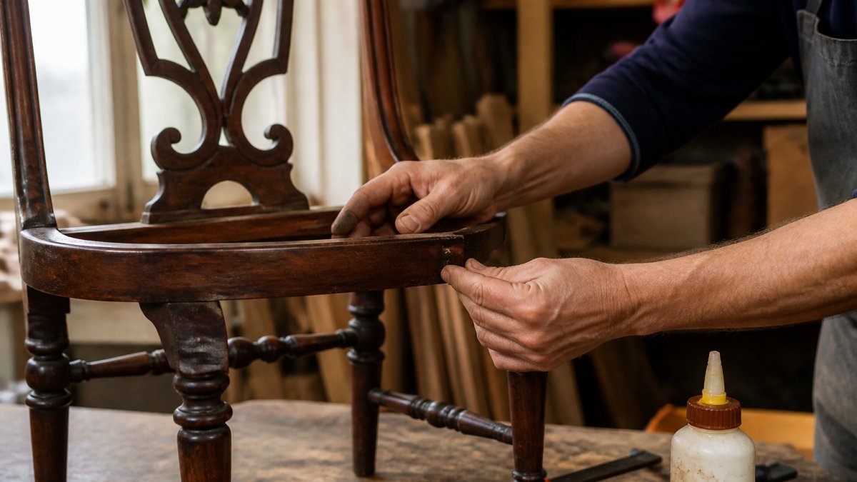 Close-up of a craftsman's hands gently testing a loose wooden joint on an antique dining chair in a bright workshop, with wood glue and clamps visible on the bench