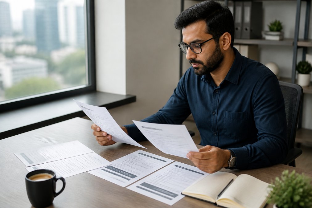 Professional data scientist reviewing multiple resume templates on a desktop monitor in a modern office environment, with coffee and notepad visible