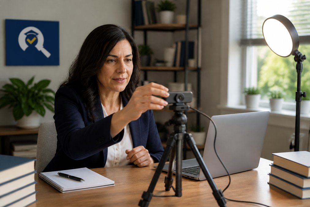 Faculty member adjusting webcam and lighting for a virtual interview as a resumecroc alternative for faculty success.