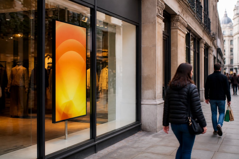 Infographic showing how retail digital screens in shop windows boost street-level customer engagement and foot traffic.