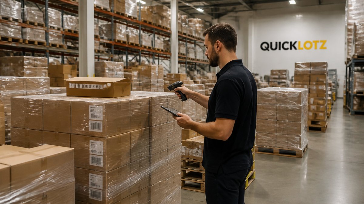 Warehouse worker scanning inventory boxes and pallets in a large liquidation distribution center with organized shelving and bright overhead lighting