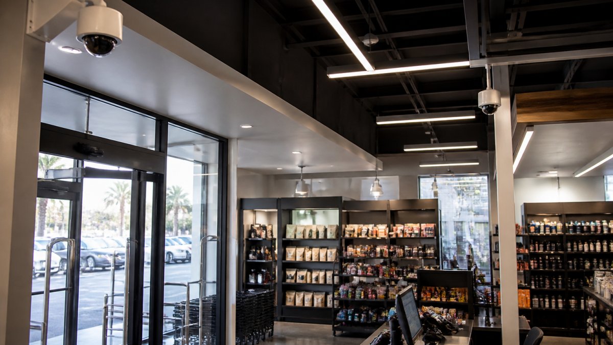 Retail store interior with professional security cameras mounted in corner brackets and above checkout counter, showing clear sightlines to merchandise displays and entry doors with modern LED lighting