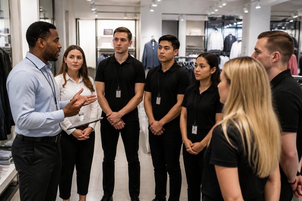 Retail staff members gathered in a training session around a store manager discussing loss prevention protocols and security procedures, with merchandise displays visible in background under bright store lighting
