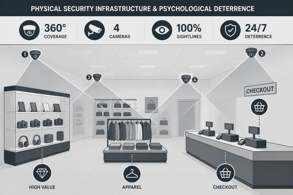 Retail store interior showing strategically mounted CCTV cameras positioned near high-value merchandise displays and checkout areas, with clear sightlines and professional installation visible under bright store lighting