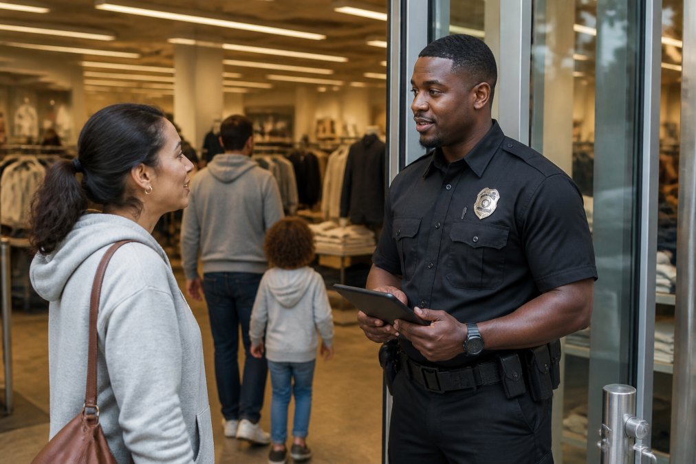 A licensed security guard in uniform standing at the entrance of a retail store, greeting customers and monitoring the sales floor with a tablet in hand
