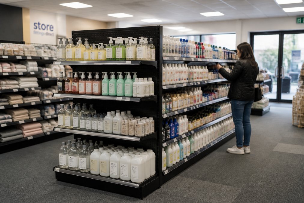 A wide shot of a brightly lit independent retail shop with a central gondola shelving unit fully stocked with products, showing a shopper browsing in the aisle
