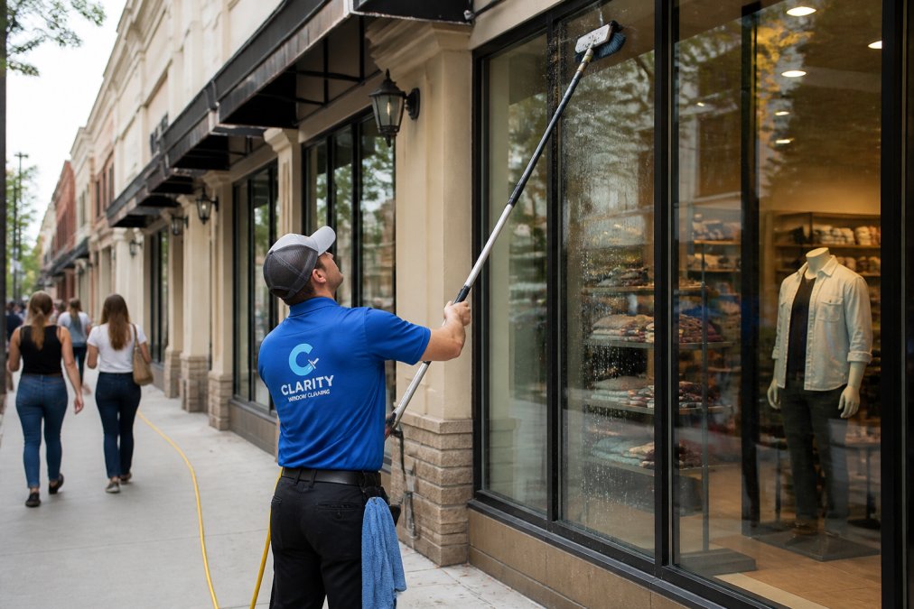 Professional cleaning a retail storefront window to reduce the overall retail storefront window cleaning services cost.