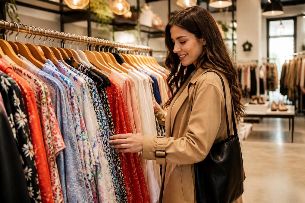 Stylish woman smiling while browsing colorful clothing in a modern boutique among top retail stores