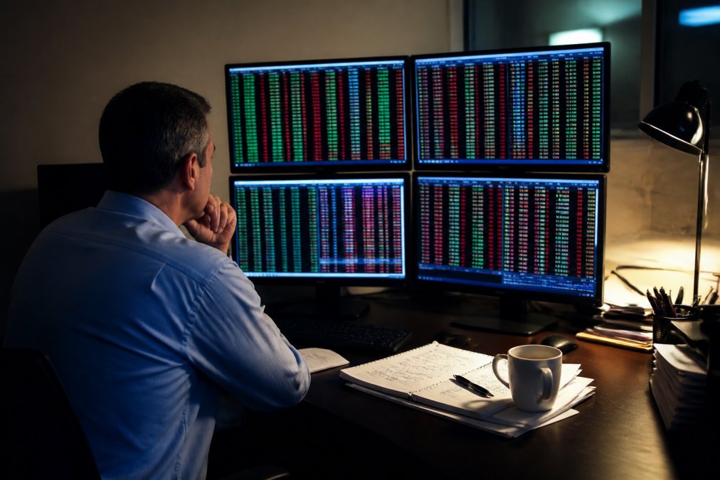 A professional trader examining multiple monitors displaying order book depth and trade execution data in a dimly lit office, with a notebook and coffee nearby