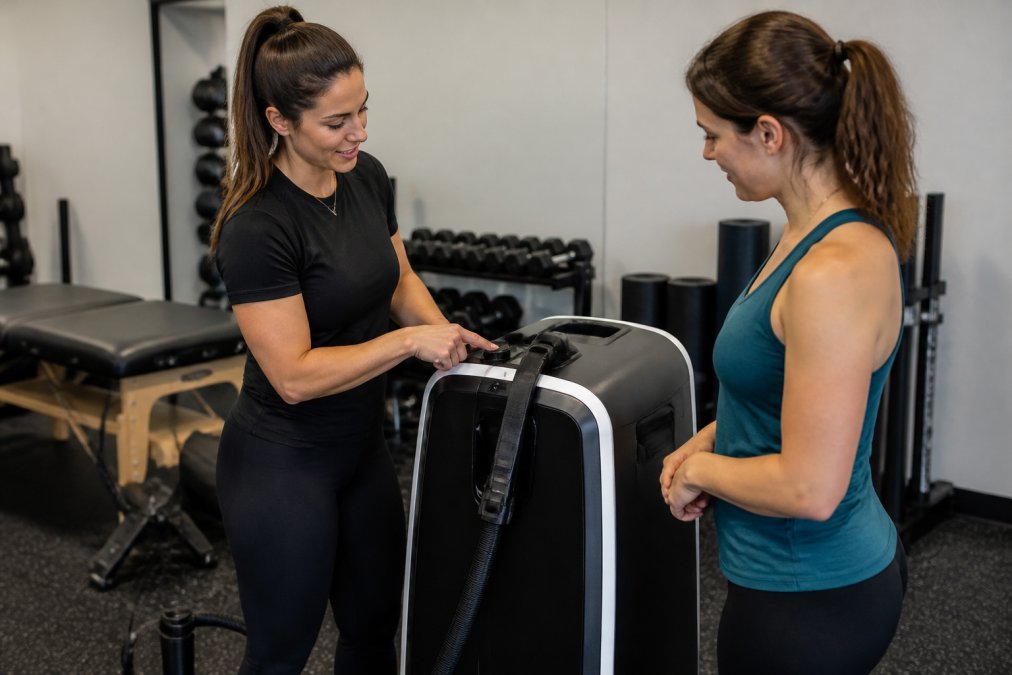 Gym staff member demonstrating proper operation of recovery equipment to a member, showing hands-on training in a professional setting with clear instruction