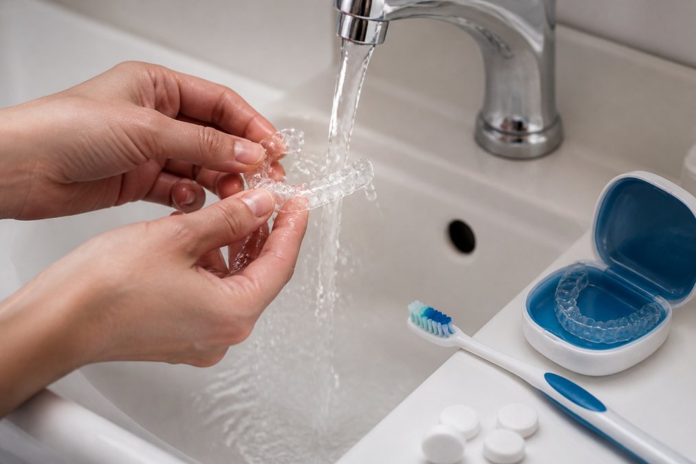 Nahaufnahme von Händen, die einen durchsichtigen Retainer unter fließendem lauwarmen Wasser vorsichtig reinigen, während eine weiche Zahnbürste daneben liegt und Reinigungstabletten auf einer weißen Oberfläche stehen