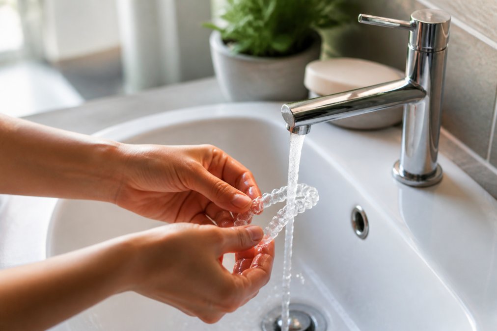 Hände halten einen Retainer unter fließendes lauwarmes Wasser über einem modernen Waschbecken, natürliches Licht von links