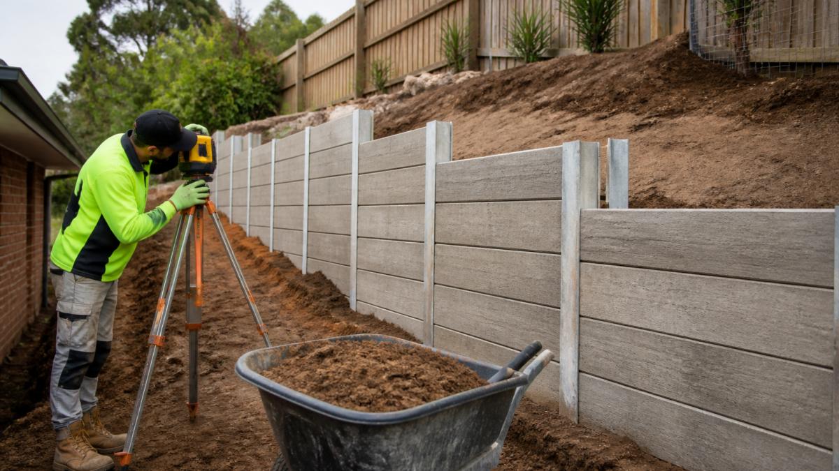 Landscaper in high-vis workwear and gloves setting a laser level along a stepped concrete sleeper retaining wall on a sloping backyard block, with excavated soil and a wheelbarrow in the foreground, overcast daylight