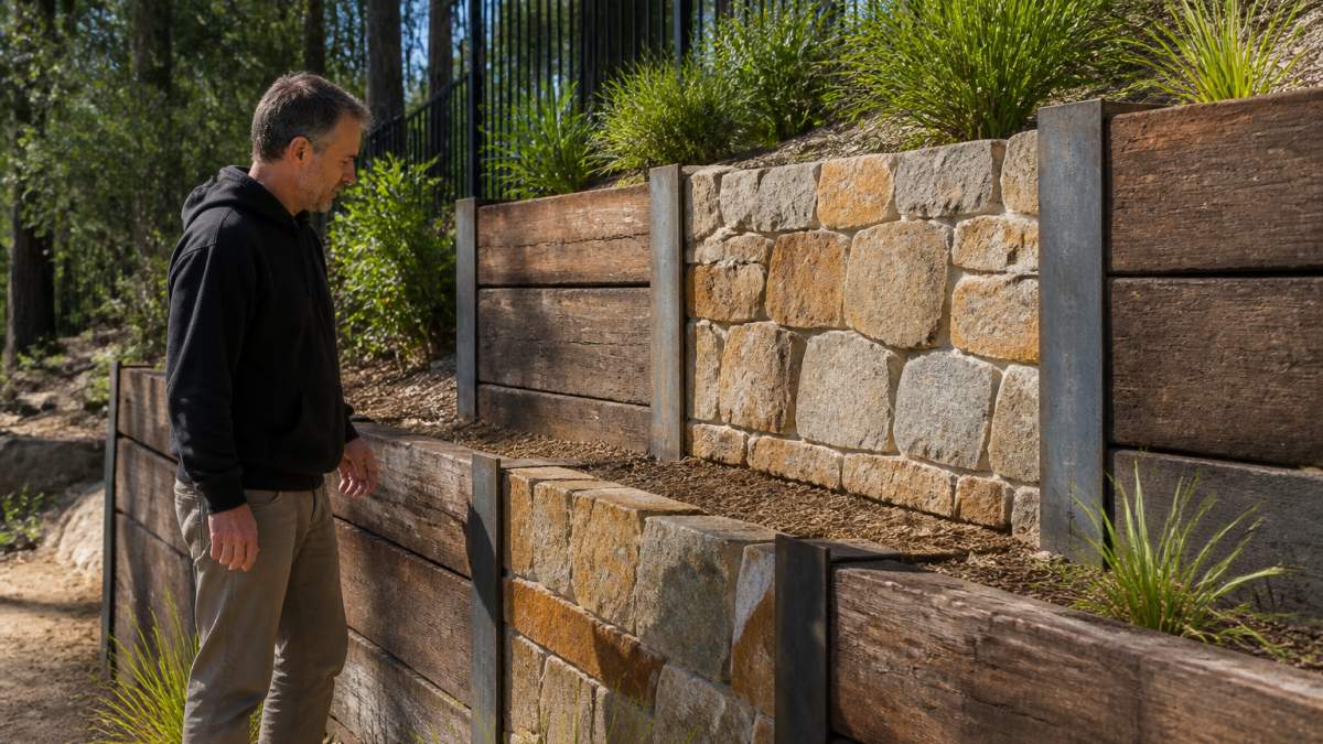 Professional builder examining completed retaining wall with timber sleepers and stone materials integrated on residential backyard slope with natural afternoon lighting
