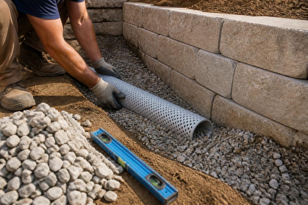 A contractor's hands placing a perforated drainage pipe in a gravel-lined trench behind retaining wall blocks, with a level tool and clean stone pile visible in the foreground under bright daylight