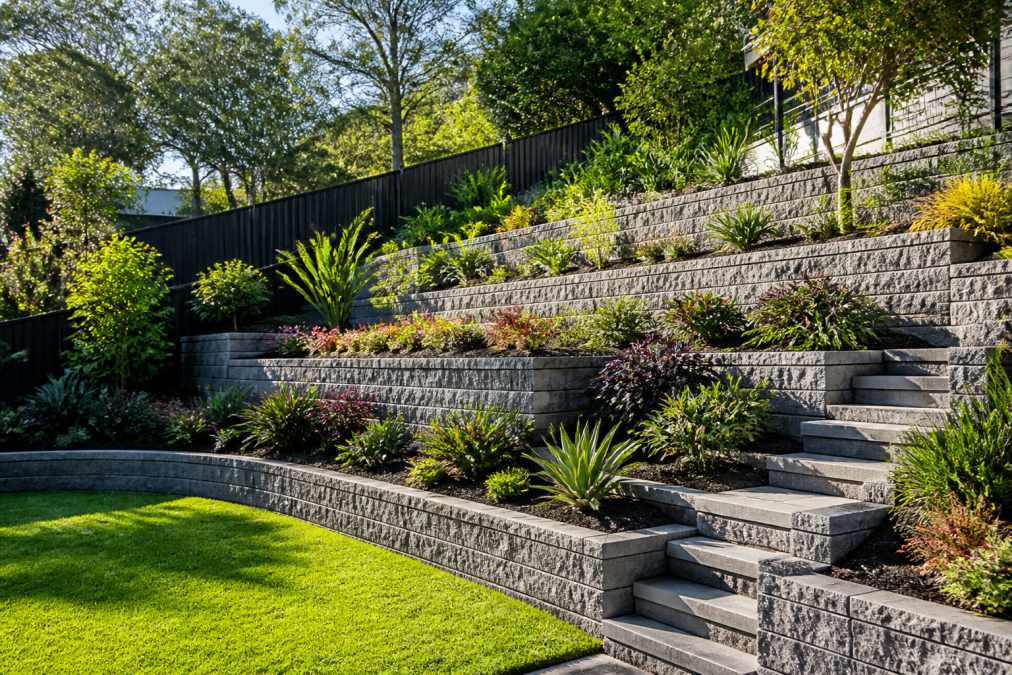 Process diagram showing steps for well-constructed and tiered and retaining concepts for retaining walls