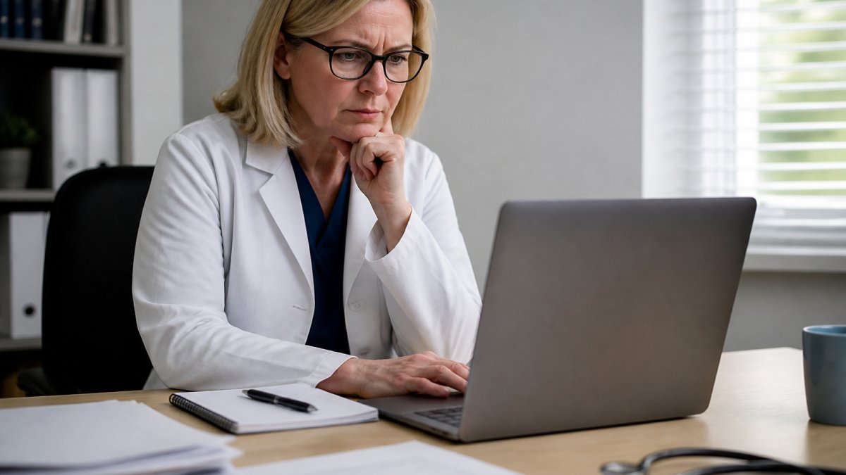 Professional reviewing health information on a laptop with medical documents and notepad visible on desk, concerned expression visible