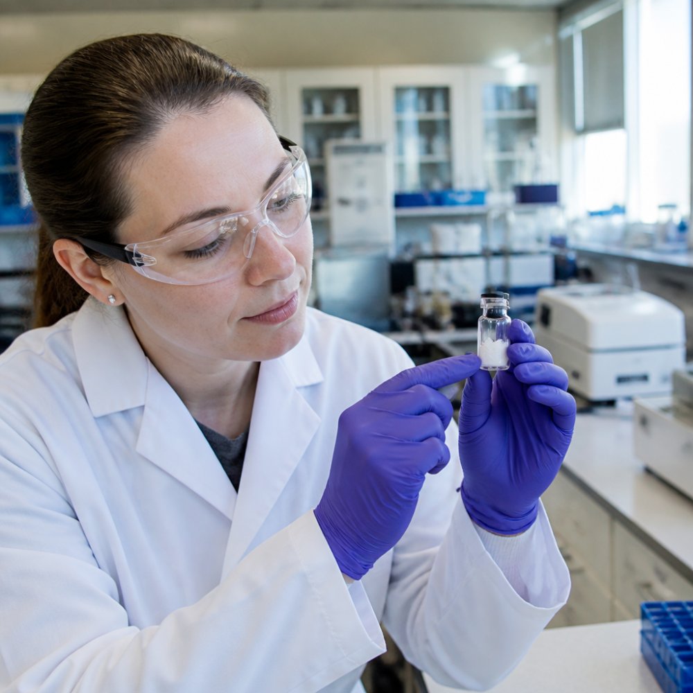 A scientist's gloved hands holding a small glass vial of peptide powder in a modern laboratory, with blurred analytical equipment and cool LED lighting in the background