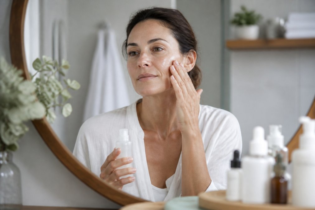 A woman in her 40s with sensitive skin gently applying a milky serum to her face at a bathroom vanity, soft natural light, skincare bottles arranged neatly nearby