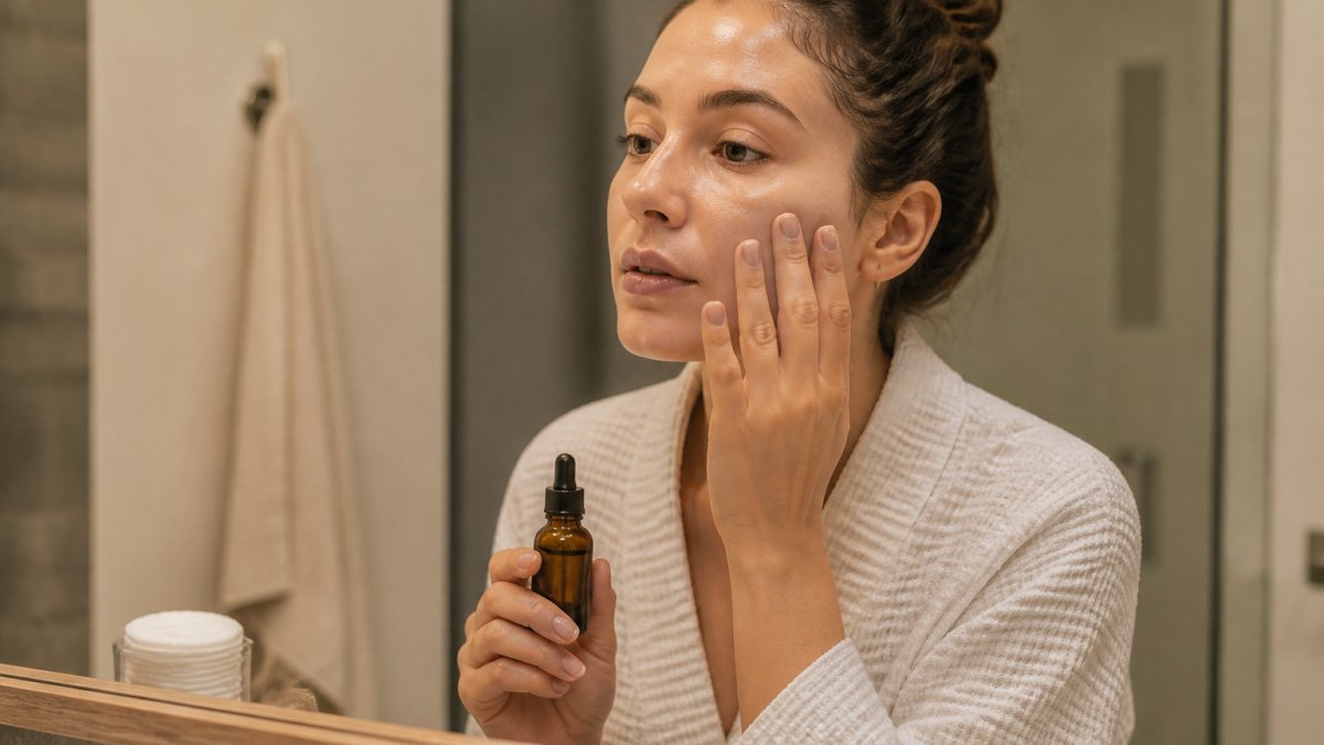 Woman applying retinol serum to clean, dry face using fingertips with gentle patting motions, warm bathroom lighting, cotton pad nearby