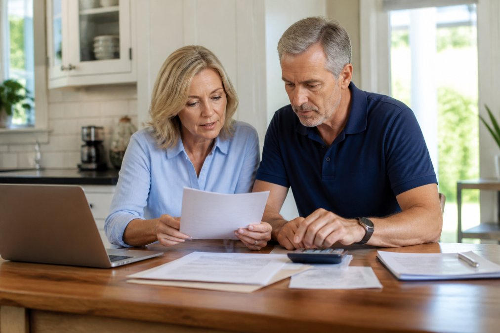 A couple reviewing a financial process flowchart to manage retirement debt and assets at home