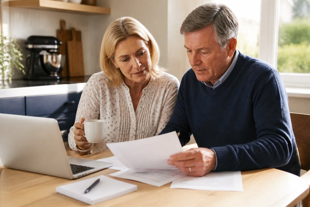 A couple reviewing financial data on a laptop for retirement income planning to identify their budget shortfall.