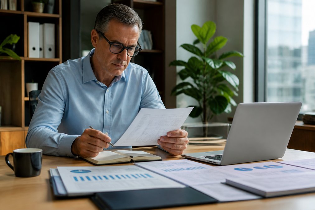 Professional executive reviewing retirement income planning for executives documents at desk with laptop, coffee, and financial statements in natural office lighting