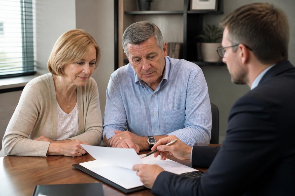 A mature couple in their 50s reviewing financial documents and retirement projections with a financial advisor in a professional office setting with natural lighting