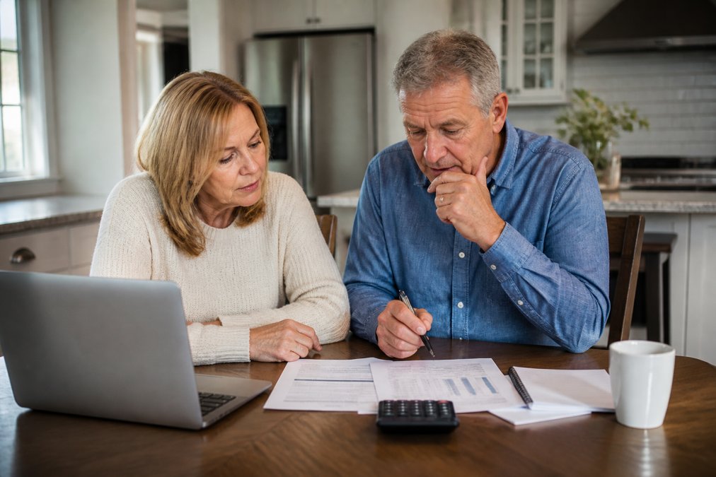 A couple in their late 50s sitting at a kitchen table with a laptop, printed financial documents, and a calculator, discussing their retirement plan