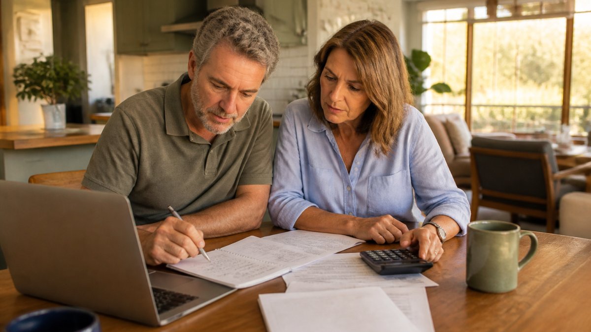 A couple in their fifties sitting at a kitchen table with a laptop, calculator, and notebook, reviewing retirement numbers together in a bright, comfortable home