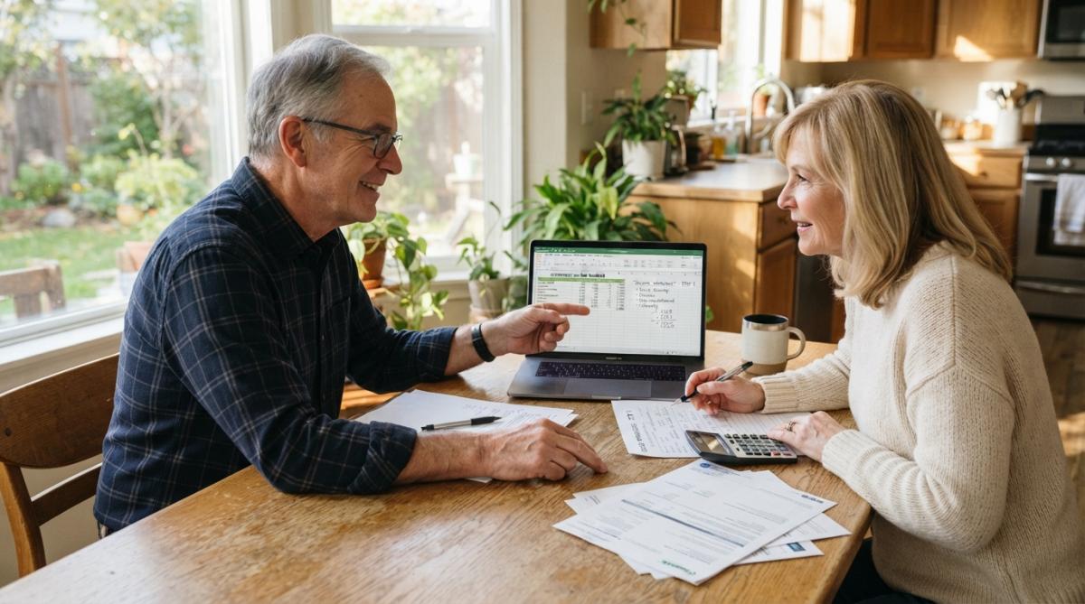 A couple in their early 60s reviewing financial documents together at a bright kitchen table with a laptop and coffee cups, natural morning light through a window