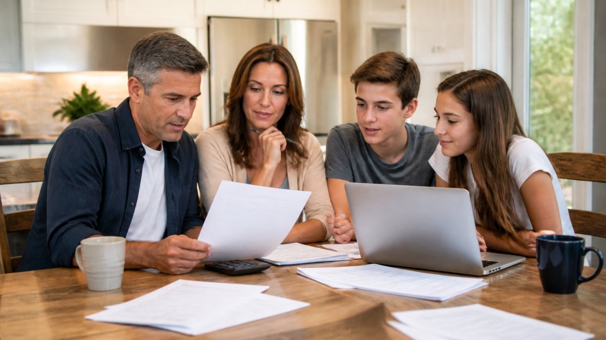 Family of four sitting together at a kitchen table reviewing financial documents and a laptop, with coffee cups nearby, appearing engaged and collaborative