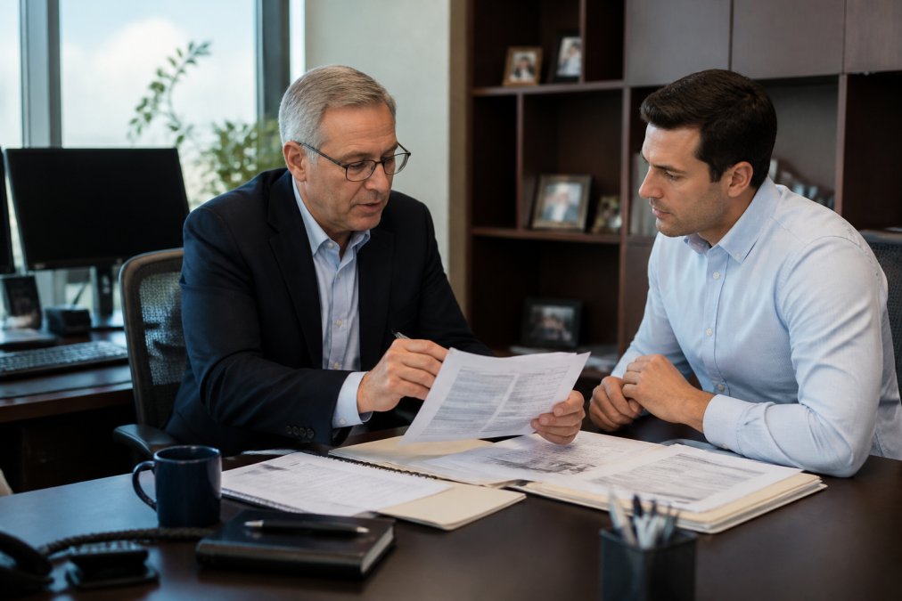 Financial advisor and high-income client reviewing comprehensive retirement account statements, tax documents, and contribution tracking sheets at a modern office desk with dual monitors