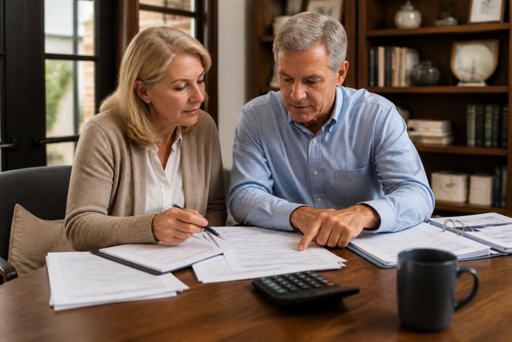 Financial advisor and client in their late 50s reviewing backdoor Roth conversion strategy, IRA account statements, and pro-rata rule calculations on a laptop at a home office