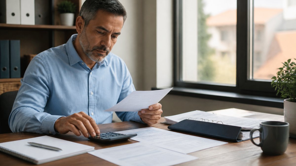 Small business owner at desk reviewing retirement plan documents and financial statements with a calculator and notepad, natural office lighting from window