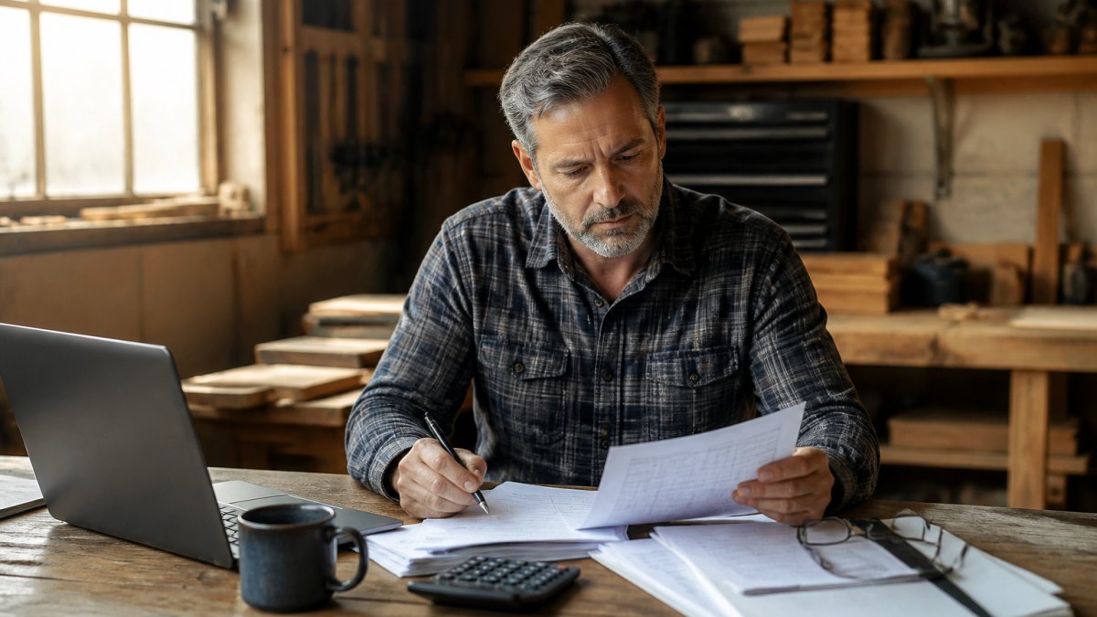 Small business owner reviewing financial documents for retirement planning at a workshop desk.